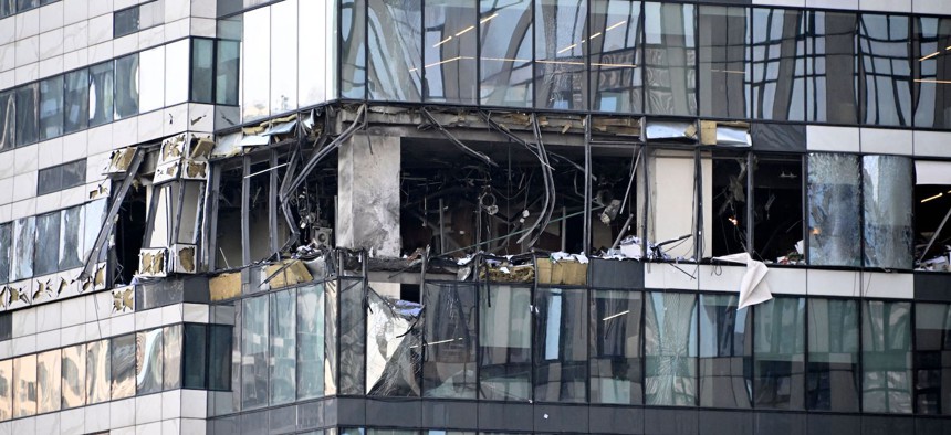 A damaged office block of the Moscow International Business Center following a reported drone attack in Moscow on July 30, 2023. 
