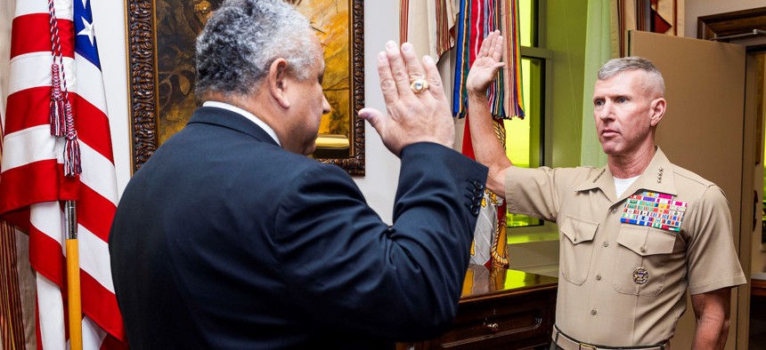 Secretary of the Navy Carlos Del Toro swears in Gen. Eric Smith as the 39th commandant of the Marine Corps, Sept. 22, in the Pentagon.