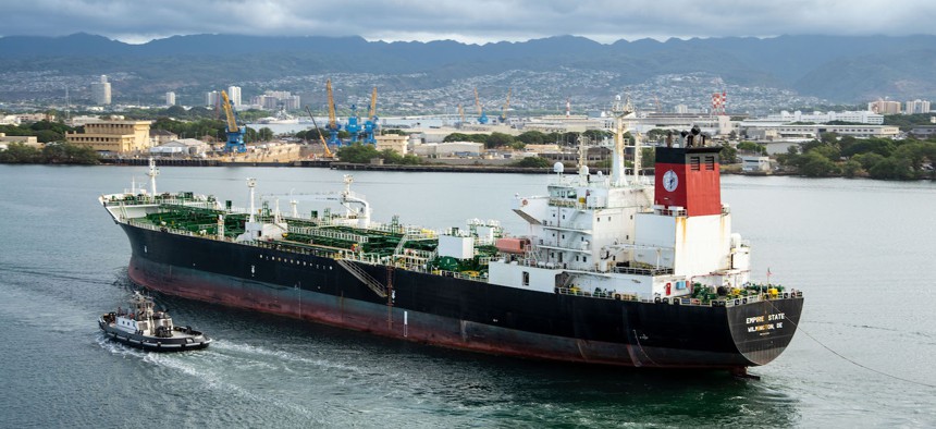 Merchant tanker Empire State, the first ship scheduled to defuel the Red Hill Bulk Fuel Storage Facility, approaches Joint Base Pearl Harbor-Hickam Oct. 11, 2023, off the coast of Oahu, Hawaii.