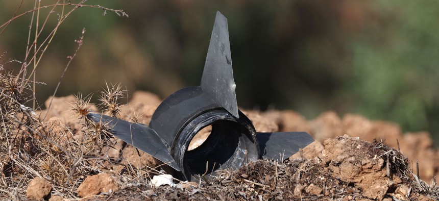 The remains of a rocket launched from Gaza after it was intercepted by the Iron Dome system and fell in Sderot, Israel, on Ocyober 15, 2023. 