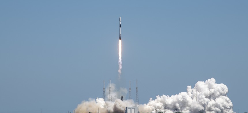 A Falcon-9 rocket carrying SpaceX's Starlink L-23 payload launches from Cape Canaveral Space Force Station, Florida, April 7, 2021.