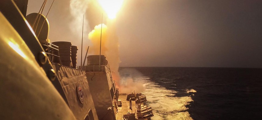  The Arleigh Burke-class guided-missile destroyer USS Carney (DDG 64) defeats a combination of Houthi missiles and unmanned aerial vehicles in the Red Sea, Oct. 19, 2023.
