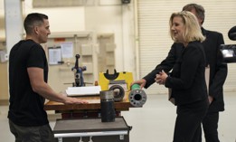 Christine Wormuth, Secretary of the Army, looks over various pieces of equipment produced at Rock Island Arsenal, Illinois, during a tour of the facilities, June 6, 2022. 