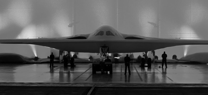 A B-21 Raider is unveiled at Northrop Grumman’s manufacturing facility on Air Force Plant 42 in Palmdale, California, Dec. 2, 2022. 