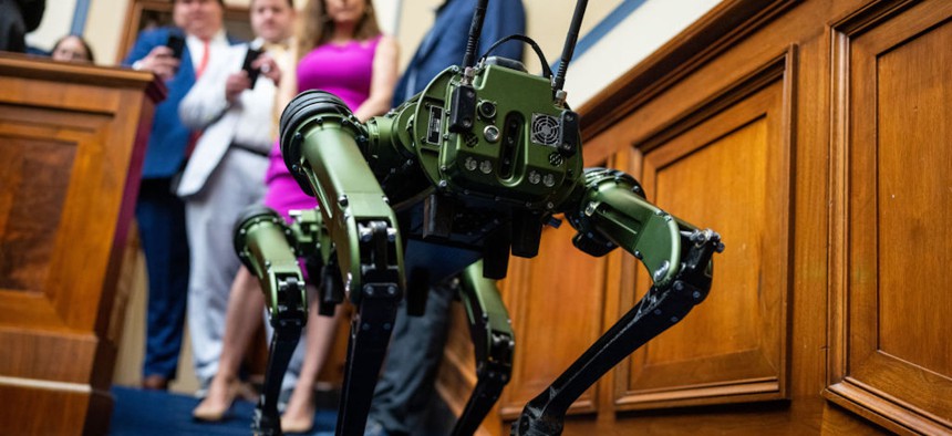 Rep. Nancy Mace, R-S.C., and staffers watch a demonstration of a Vision 60 UGV by Ghost Robotics before the start of the House subcommittee hearing on "Using Cutting-Edge Technologies to Keep America Safe," June 22, 2023.