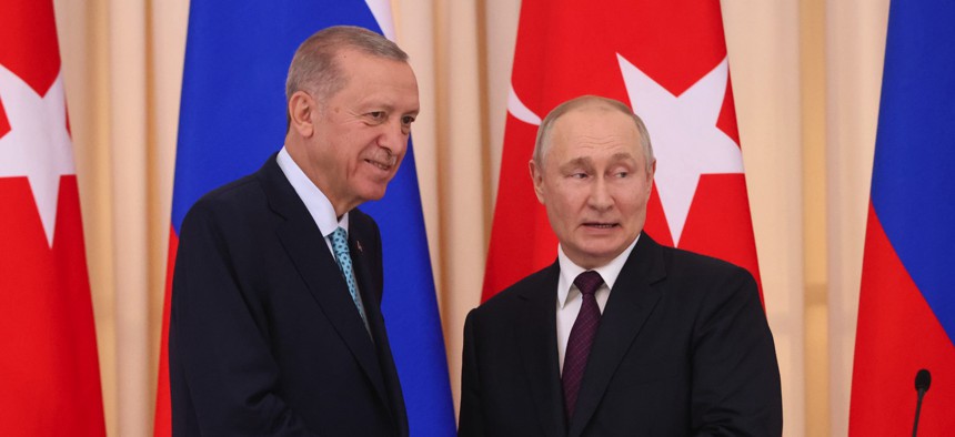 Russian President Vladimir Putin (R) shakes hands with Turkish President Recep Tayyip Erdogan (L) during their joint press conference on September 4, 2023, in Sochi, Russia.