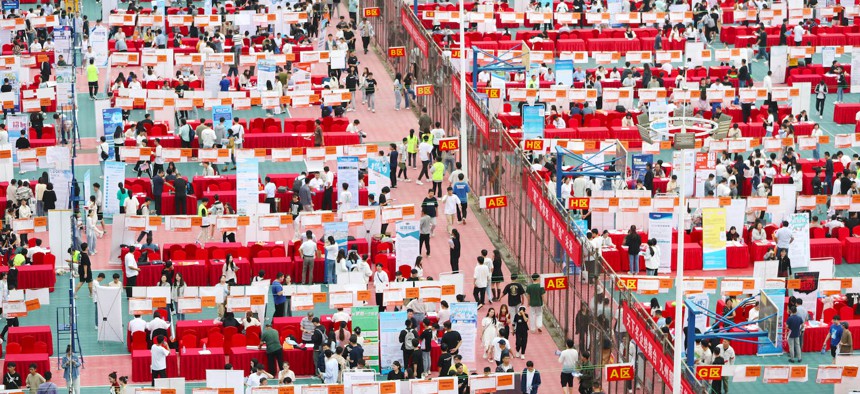 A job fair for students at Shandong University of Science and Technology in Qingdao, China, on Sept. 23, 2023. 