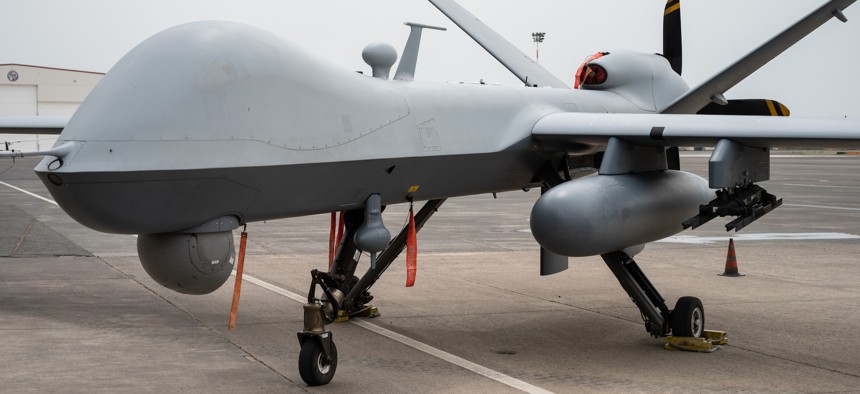 A 2022 photo of an MQ-9 Reaper drone at Naval Air Station Sigonella in Catania, Italy, a hub for surveillance operations in the Mediterranean region.