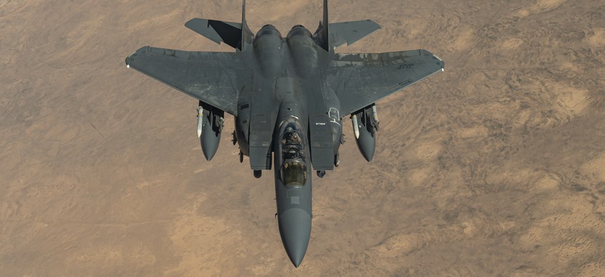 A U.S. Air Force F-15E Strike Eagle flies a combat patrol mission within the U.S. Central Command area of responsibility, Feb. 18, 2023.