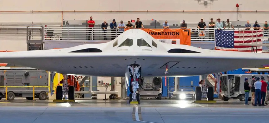 A B-21 in its hangar at Plant 42 in Palmdale, California.