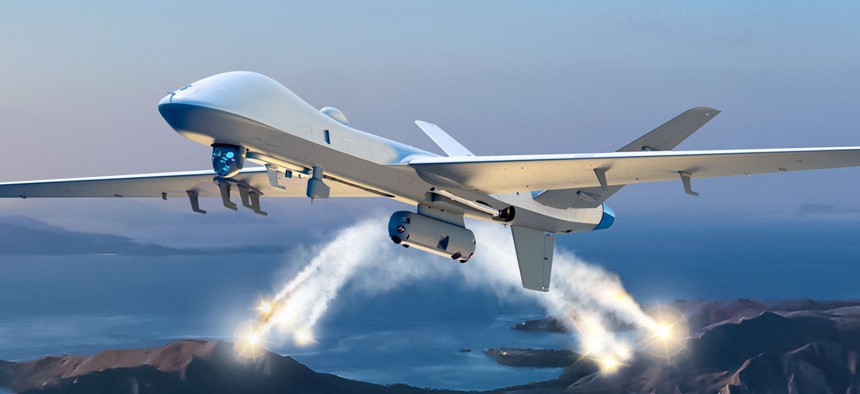 Artist's conception of Self-Protection Pod under an MQ-9 Reaper.