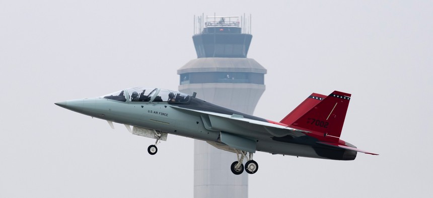 A T-7A Red Hawk, piloted by Maj. Bryce Turner, 416th Flight Test Squadron, takes off from St. Louis Lambert International Airport, Missouri, June 28, 2023.