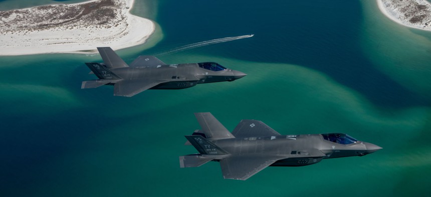 U.S. Air Force F-35A Lightning IIs assigned to the 95th Fighter Squadron, Tyndall Air Force Base, Florida, fly over the Gulf of Mexico, Nov. 7, 2023.
