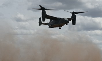 A CV-22 Osprey lands in a field at Goodfellow Air Force Base, Texas, March 16, 2023.
