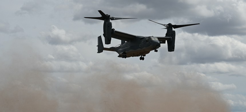 A CV-22 Osprey lands in a field at Goodfellow Air Force Base, Texas, March 16, 2023.