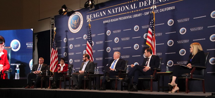 Secretary of the Air Force Frank Kendall speaks at a panel regarding Artificial Intelligence at the Reagan National Defense Forum at Simi Valley, Calif., Dec. 2, 2023. 