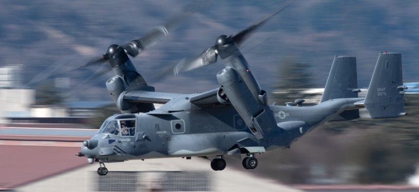 A CV-22 Osprey assigned to the 21st Special Operations Squadron takes off at Yokota Air Base, Japan, on Jan. 8, 2021.