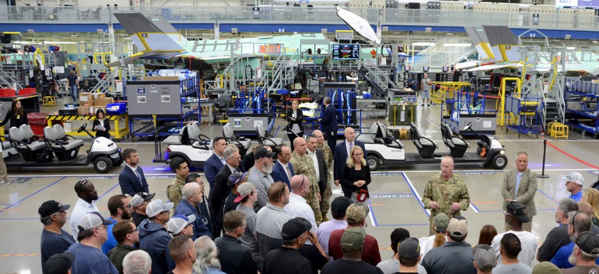 F-35 PEO Lt. Gen. Michael Schmidt talked to workers at Lockheed Martin’s Air Force Plant 4 in Fort Worth, Texas, in November 2022.