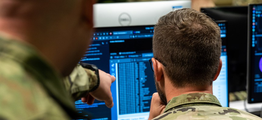 U.S. Space Force guardians participate in Moonlighter, an exercise designed to focus on refining the defensive and offensive cyber skill sets, in Colorado Springs, Colorado, Nov. 15, 2023.