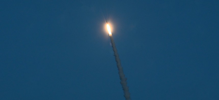 A Ground-based Interceptor, an element of the overall Ground-based Midcourse Defense (GMD) system, launches from Vandenberg Space Force Base, Calif., Dec. 11, 2023