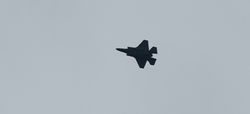 An Israeli F-35 jet fighter flies above the border area with the Gaza Strip in southern Israel on October 9, 2023.