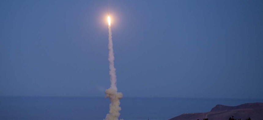 An upgraded ground-based interceptor missile launches at Vandenberg Space Force Base, Calif., Dec. 11, 2023.