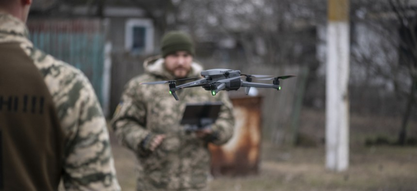 Ukrainian military practice operating a DJI Mavic 3 quadcopter drone on January 18, 2023, in Paraskoviivka, Donetsk Oblast, Ukraine. 