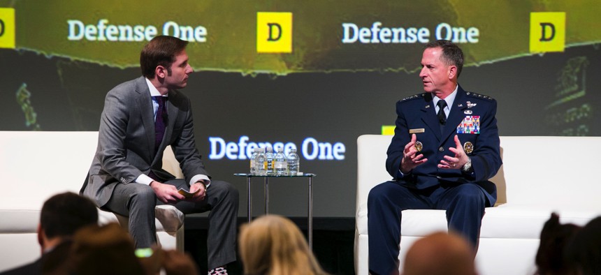 Defense One’s Marcus Weisgerber, left, speaks with Air Force Chief of Staff Gen. David L. Goldfein about multidomain warfare at the Defense One Summit in Washington D.C., Nov. 17, 2016.