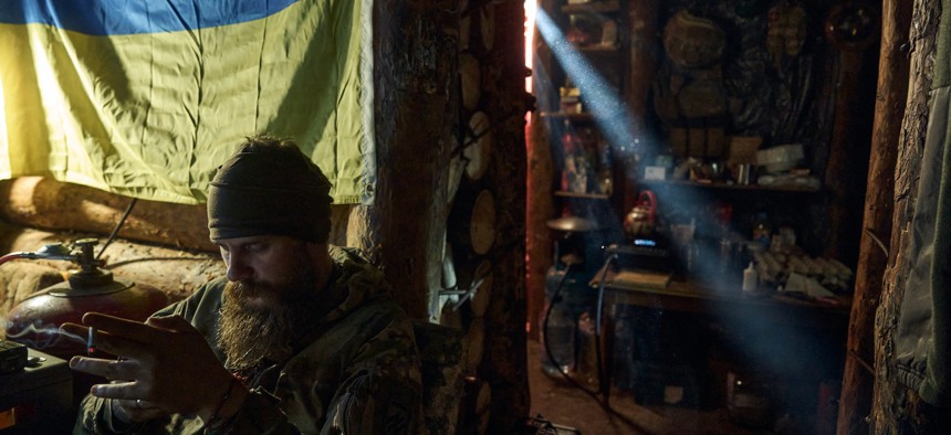 A solider at the company command post near the front line of Kreminna Forest in Ukraine, September 24, 2023.