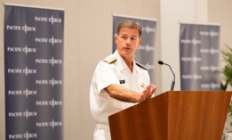 INDOPACOM Commander Adm. John Aquilino speaks at a Pacific Forum event in Honolulu, Hawaii, on Jan. 16, 2023. 