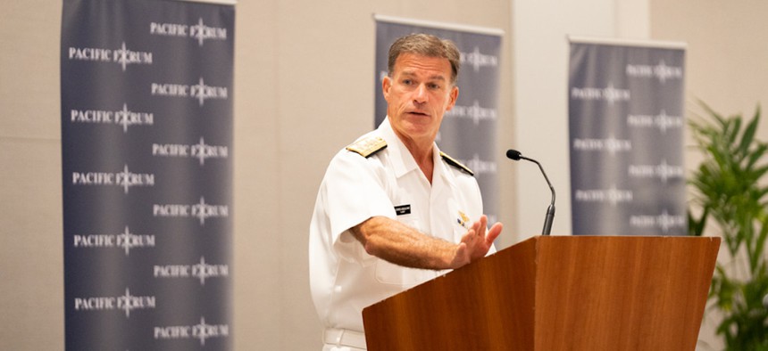 INDOPACOM Commander Adm. John Aquilino speaks at a Pacific Forum event in Honolulu, Hawaii, on Jan. 16, 2023. 
