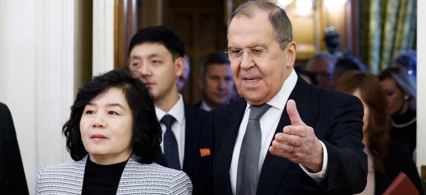 Russian Foreign Minister Sergei Lavrov meets with his North Korean counterpart Choe Son Hui in Moscow on January 16, 2024. 