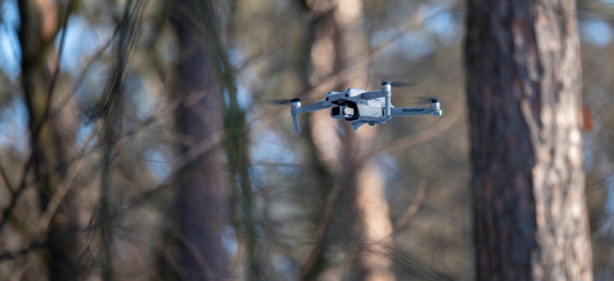 A drone flies during a military exercise for civilians on January 12, 2024, in Kyiv, Ukraine.