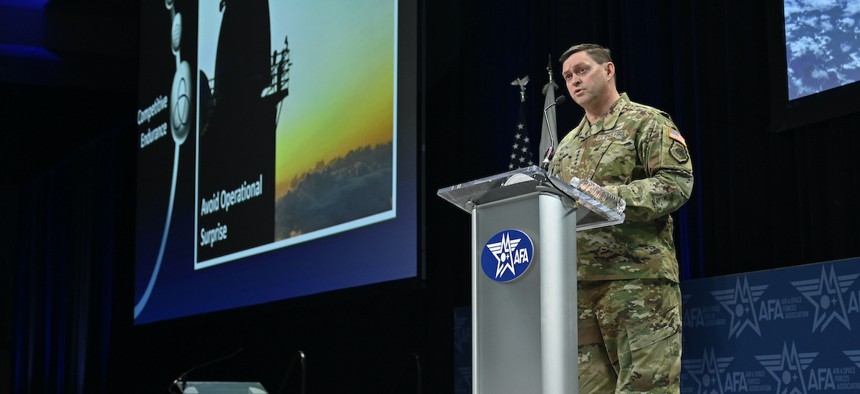 Chief of Space Operations Gen. Chance Saltzman discusses "competitive endurance" in Aurora, Colo., March 7, 2023.