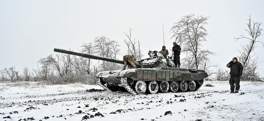A T-72 tank during special training of the Zakarpattia Army of the Armed Forces of Ukraine, Jan. 11, 2024. 