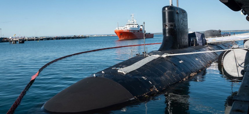 A U.S. Navy Virginia-class submarine, USS North Carolina, docks at the HMAS Stirling port in Rockingham on the outskirts of Perth, Australia, on August 4, 2023. 