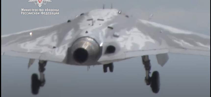 A screenshot from a 2020 Russian Ministry of Defence video shows the Okhotnik-B UCAV taking off.