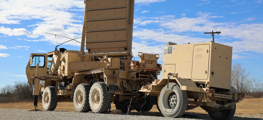 An AN/TPQ-53 Firefinder radar, staged for the 130th Field Artillery Brigade's pre-mobilization training at the Regional Training Center in Salina, Kansas.