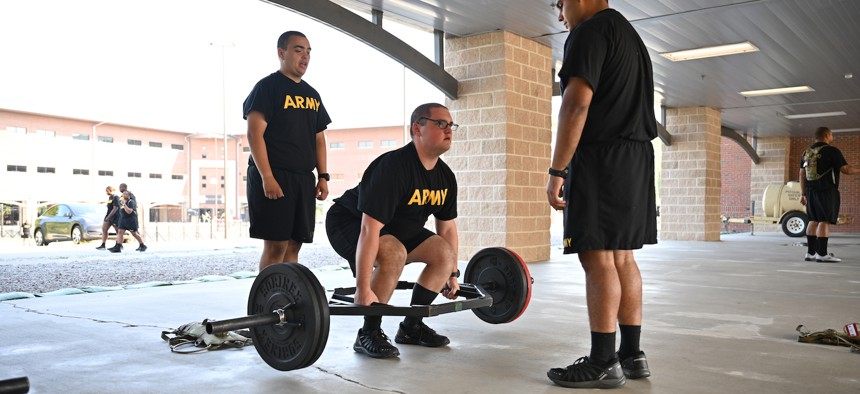 A student in the fitness track of the U.S. Army’s Future Soldier Preparatory Course works on deadlifts during a training session.