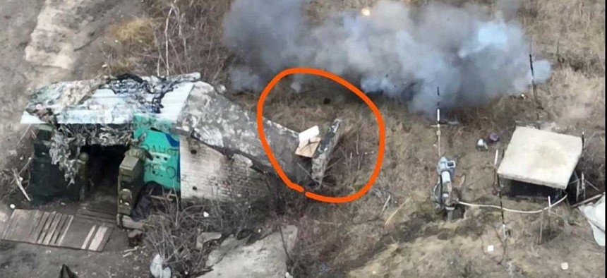 This image, annotated to highlight a Starlink terminal, was provided by a Ukrainian source who called it a screenshot of video from a Ukrainian drone participating in a strike on a Russian position inside Ukraine.