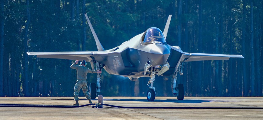 An F-35 Lightning II sits on the runway during the “Maple Thunder” exercise, at North Auxiliary Airfield, Joint Base Charleston, North, South Carolina, January 30, 2024.