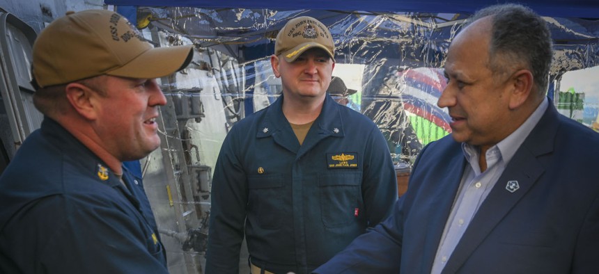 Secretary of the Navy Carlos Del Toro visits with the crew of Arleigh Burke-class Guided Missile Destroyer USS John Paul Jones, Feb. 13, 2024. 