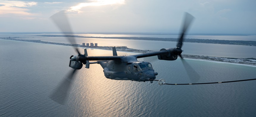 A CV-22 Osprey refuels from an MC-130J Commando II over the Emerald Coast during Operation Centennial Contact, June 27, 2023.