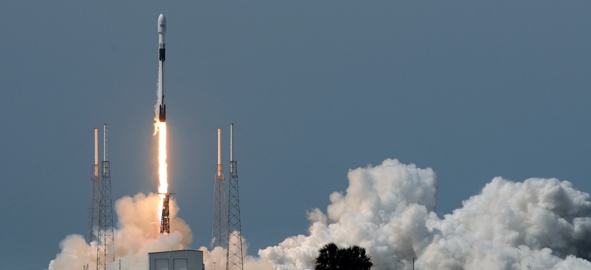 A SpaceX Falcon 9 rocket carrying the GPS III SV03 navigation satellite for the U.S. Space Force launches from Cape Canaveral Air Force Station, Florida, in 2020. 