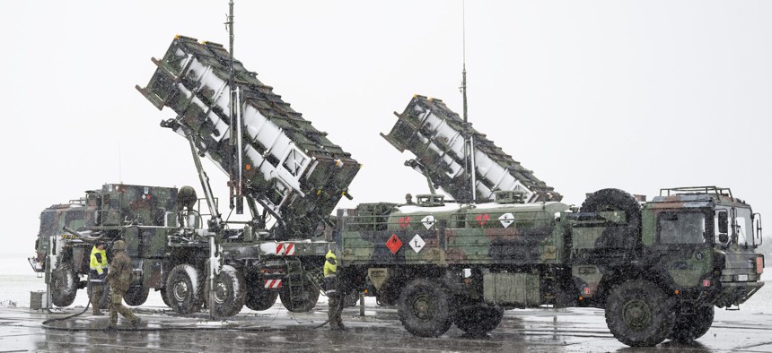 Two trailers with Patriot air defense system launchers at a refueling facility in southeastern Poland in 2023. 