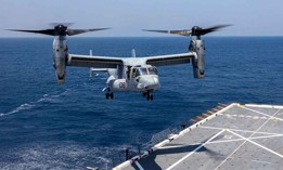 U.S. Marines from VMM-744 Marine Medium Tiltrotor Squadron land a MV-22 Osprey onto the San Antonio-class amphibious transportation dock USS New York, June 29, 2023.