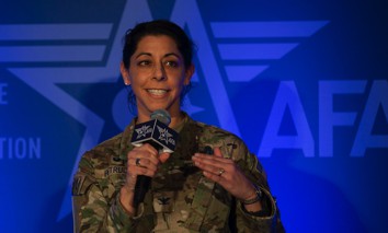 U.S. Space Force Col. Nicole Petrucci, commander of Space Delta 3 – Space Electromagnetic Warfare, shares her perspective on becoming an Integrated Mission Delta at the Air & Space Forces Association Warfare Symposium in Aurora, Colorado, Feb. 13, 2024.