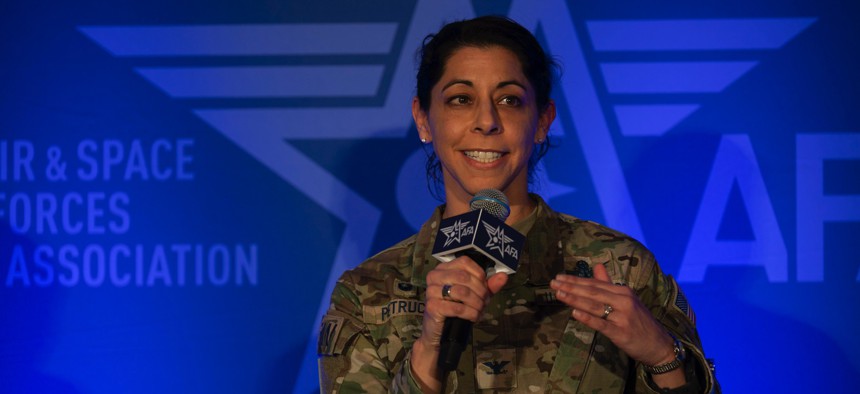 U.S. Space Force Col. Nicole Petrucci, commander of Space Delta 3 – Space Electromagnetic Warfare, shares her perspective on becoming an Integrated Mission Delta at the Air & Space Forces Association Warfare Symposium in Aurora, Colorado, Feb. 13, 2024.