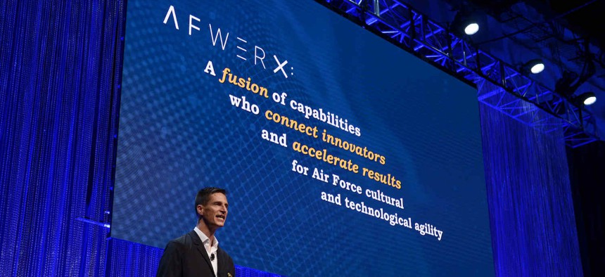 In this 2019 photo, Dr. Brian Maue speaks during AFWERX Fusion 2019 in Las Vegas. 