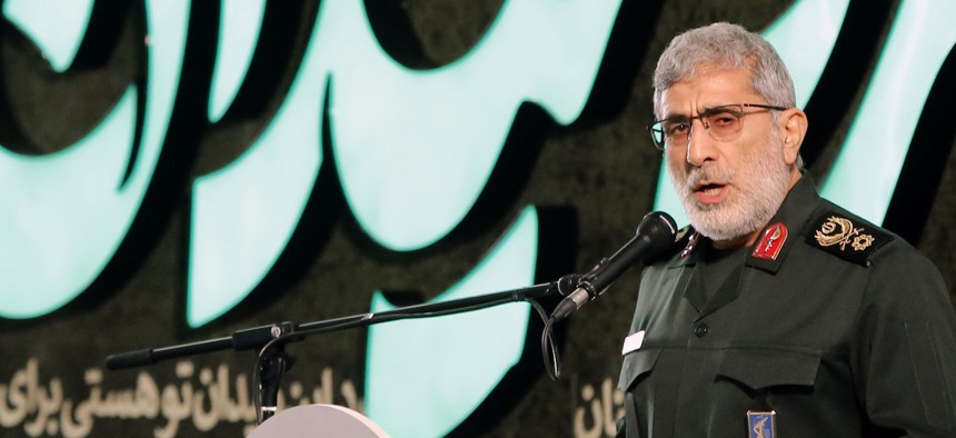 Iranian Quds force commander Esmail Ghaani speaks during a ceremony on the occasion of the first anniversary of death of former Iran's Quds force commander Qasem Soleimani in Tehran, on January 1, 2021.
